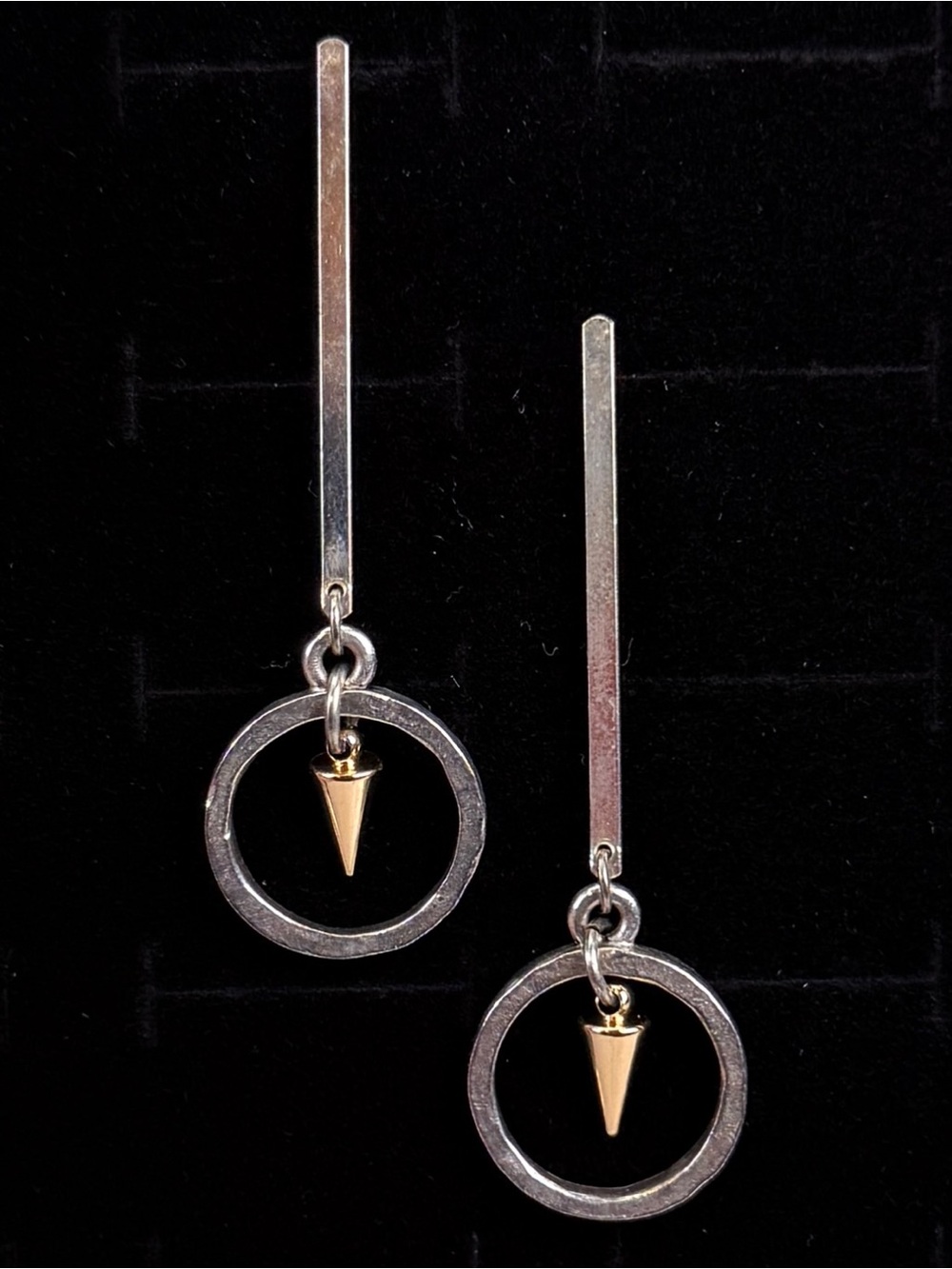 Vintage Two Tone Geometric Spike Circle Pierced Dangle Earrings